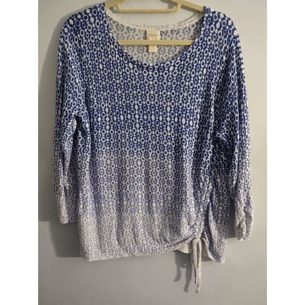 Chico's Sz 2 3/4 Sleeve Blue White Ombre Sweater Side Tie Ruching Large 12